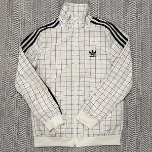 Adidas Men's White and Black Grid Windbreaker